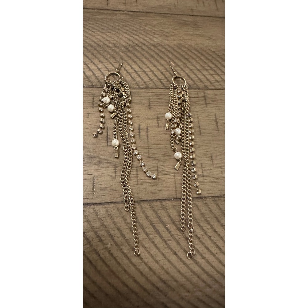 VTG Y2K Gold Tassel Waterfall Earrings | Pearl &‎ Rhinestone Shoulder
